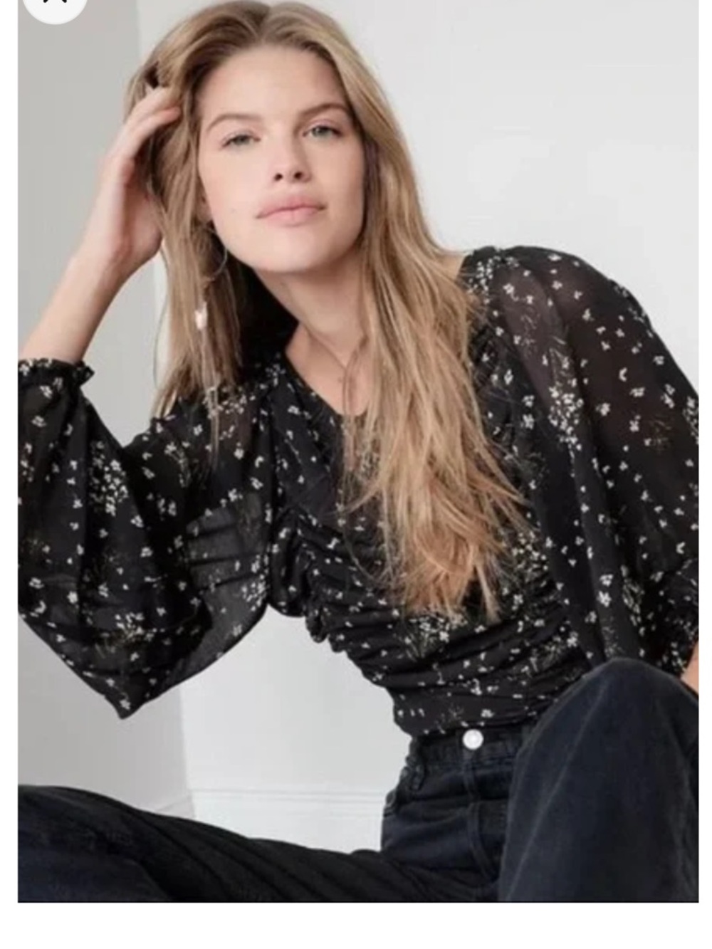 Free People Shirred Black Floral Blouse